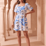 White & Blue Marble Print Inspired Waist Cut Out Dress - Western Era Dresses for women