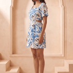 White & Blue Marble Print Inspired Waist Cut Out Dress - Western Era Dresses for women