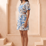 White & Blue Marble Print Inspired Waist Cut Out Dress - Western Era Dresses for women
