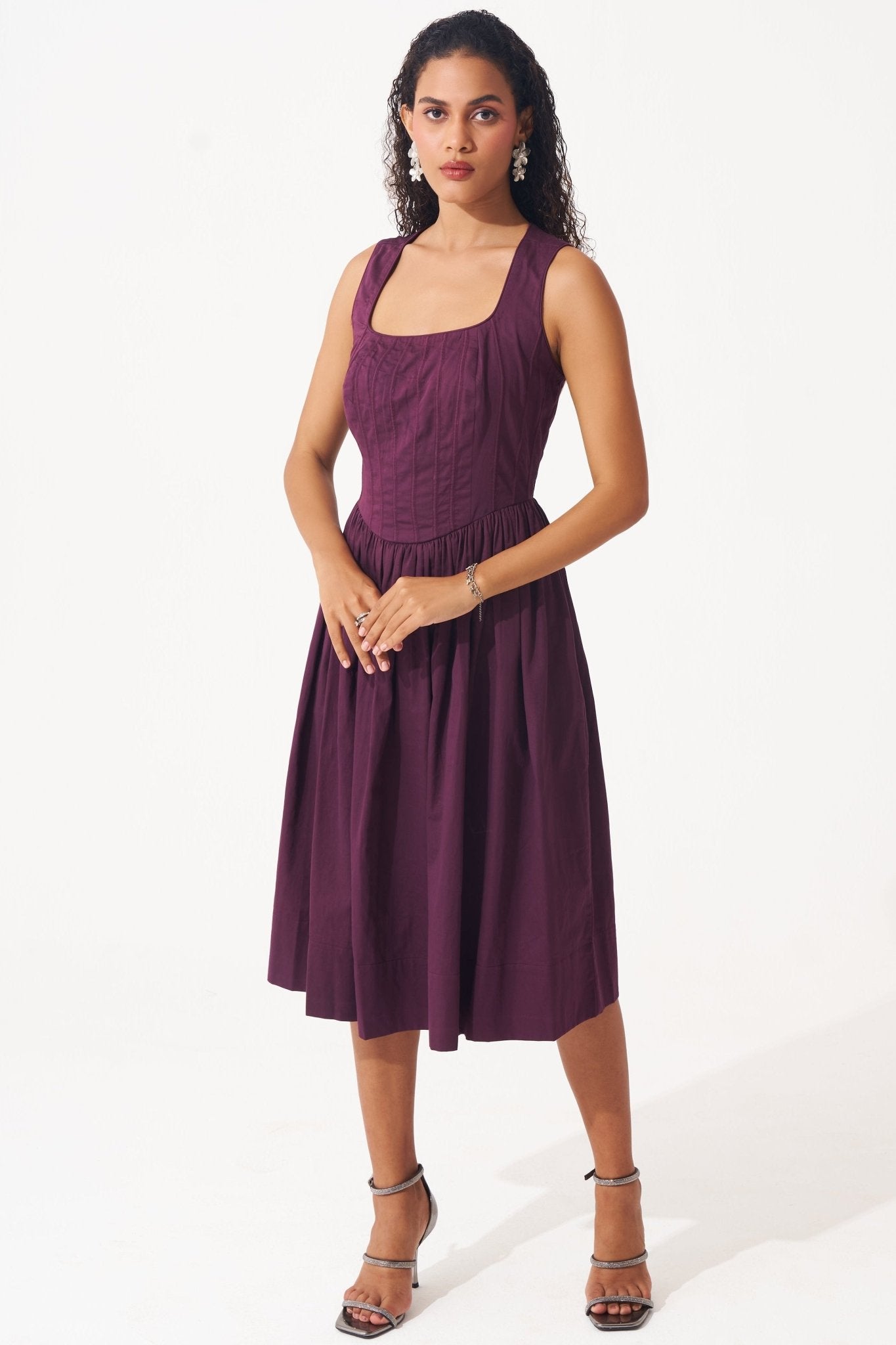 Wine Cotton Corset Dress with Gathers - Western Era Dresses for women