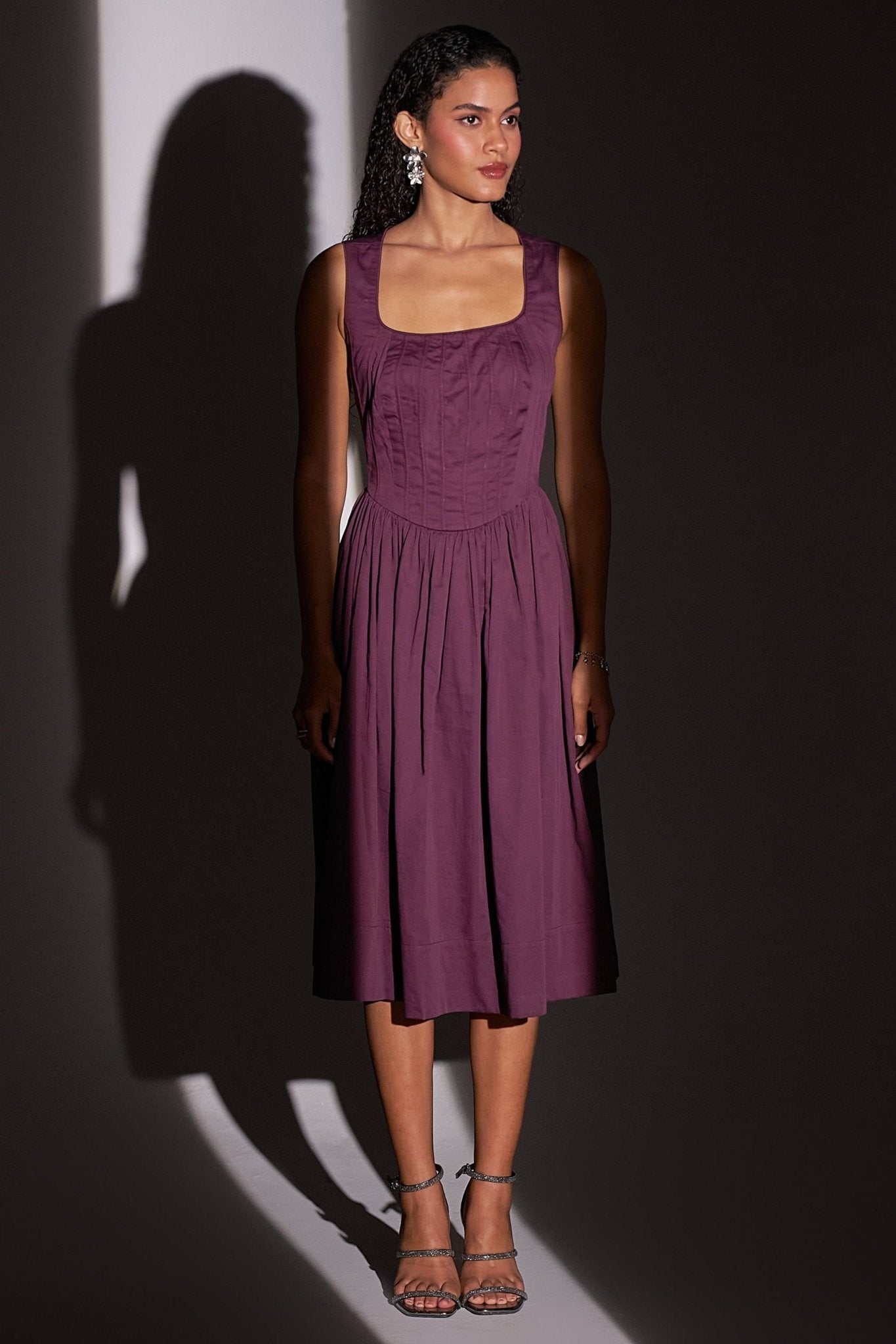 Wine Cotton Corset Dress with Gathers - Western Era Dresses for women