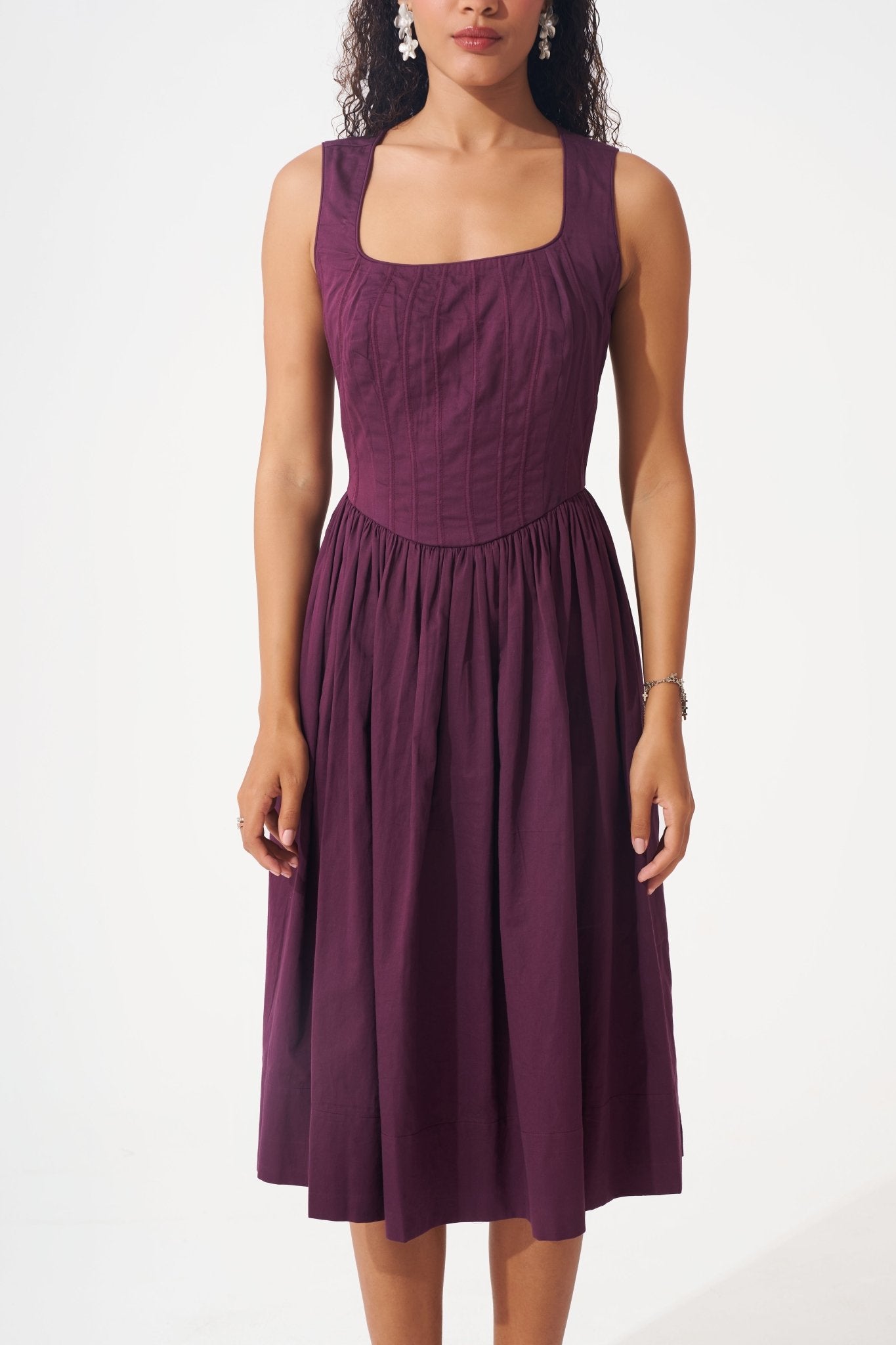 Wine Cotton Corset Dress with Gathers - Western Era Dresses for women