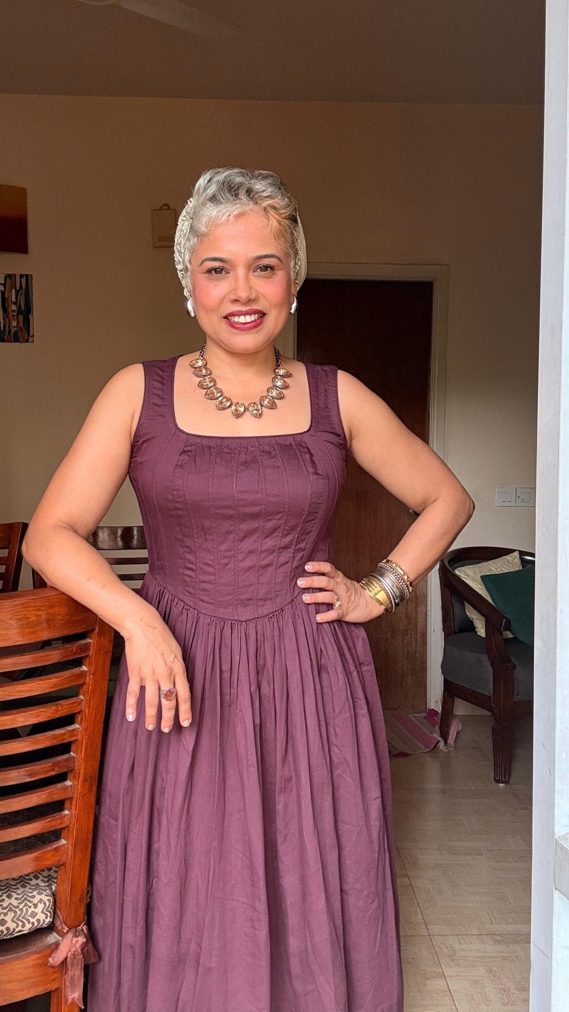 Wine Cotton Corset Dress with Gathers - Western Era Dresses for women