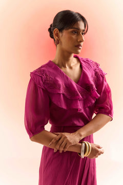 Wine Double Layered Embroidered Top with Draped Skirt Set