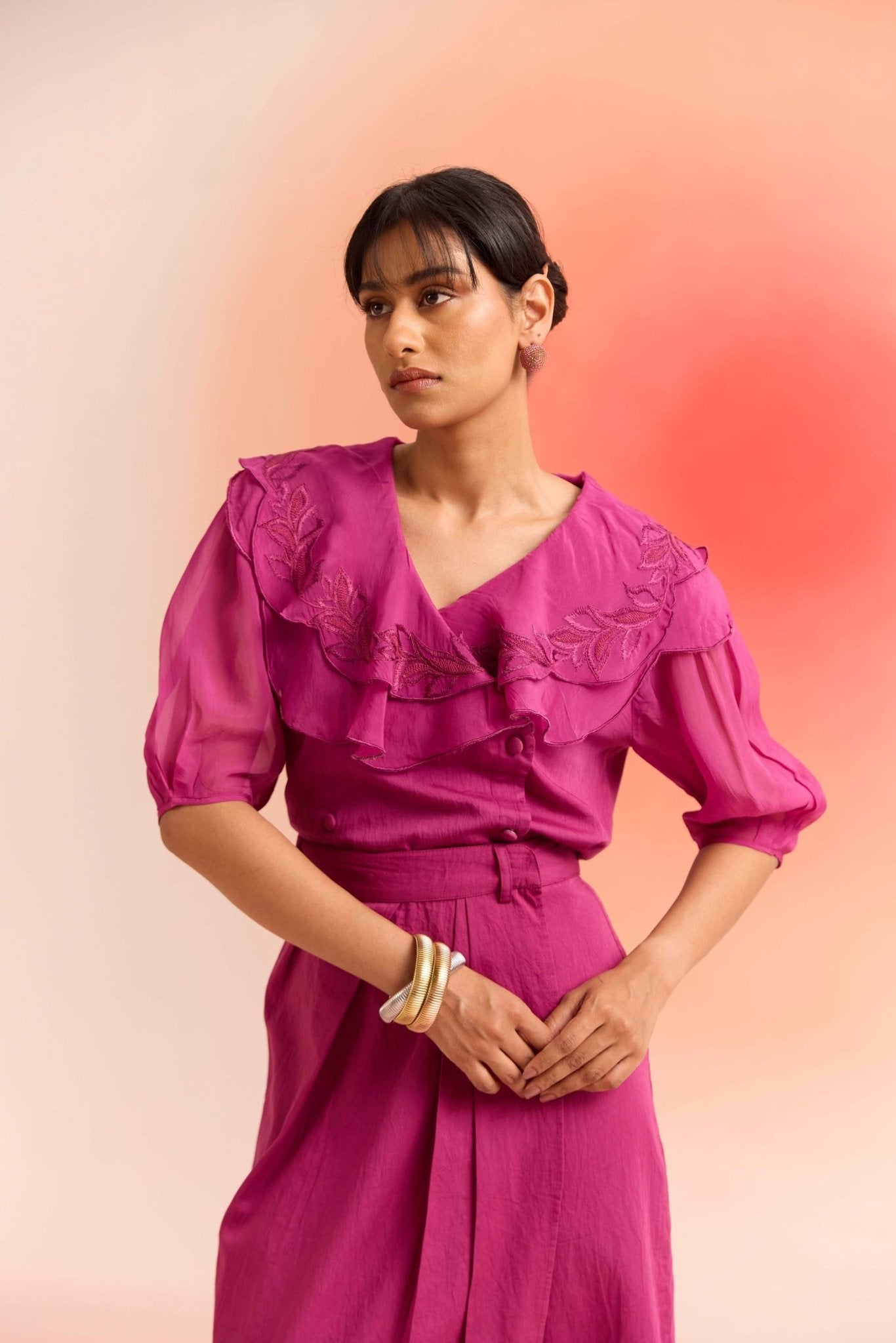 Wine Double Layered Embroidered Top with Draped Skirt Set - Western Era Cordset for women