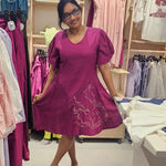 Wine Dress with Puff Mesh Embroidered Sleeves and Dori Embroidery on Front - Western Era Dresses for women