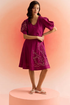 Wine Dress with Puff Mesh Embroidered Sleeves and Dori Embroidery on Front
