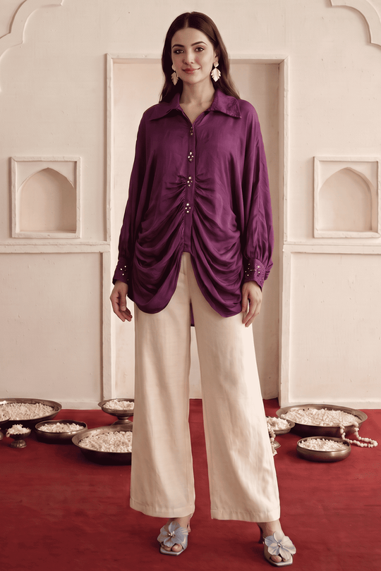 Wine Modal Satin Embroidered Kaftan Shirt and Trouser Co-Ord Set - Western Era Co-ord set for women