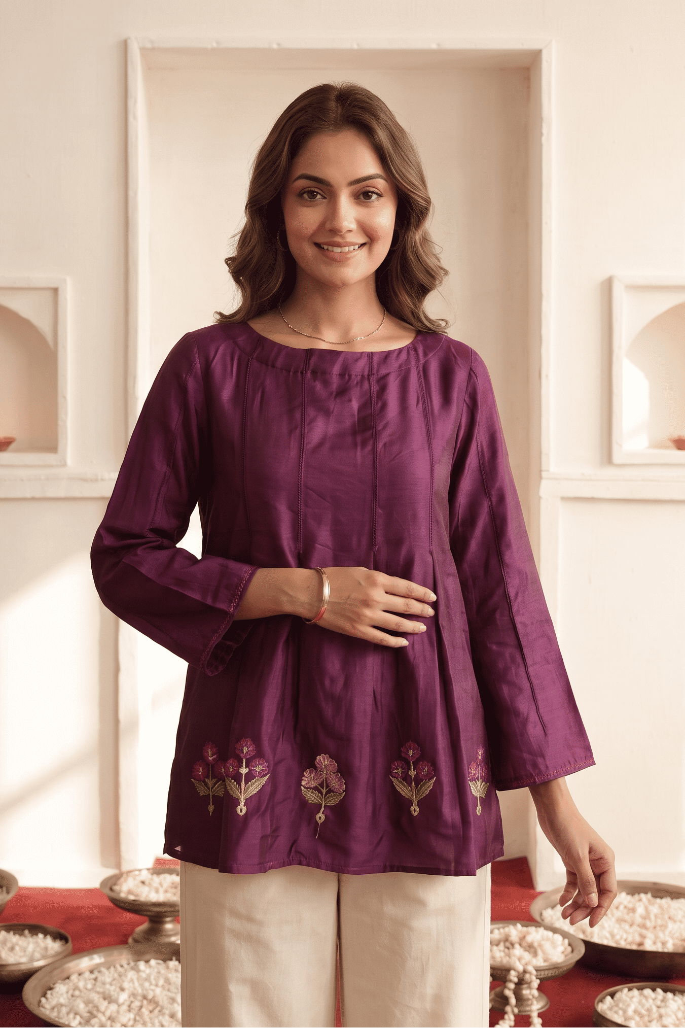 Wine Modal Satin Multicolour Embroidered Top with Ladder Lace Panels - Western Era Tops for women