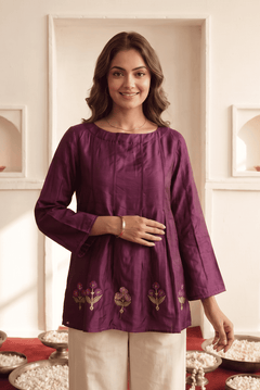 Wine Modal Satin Multicolour Embroidered Top with Ladder Lace Panels - Western Era Tops for women