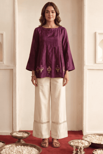 Wine Multicolor Embroidered Top and Lace-Trim Trouser Co-Ord Set - Western Era Co-ord set for women