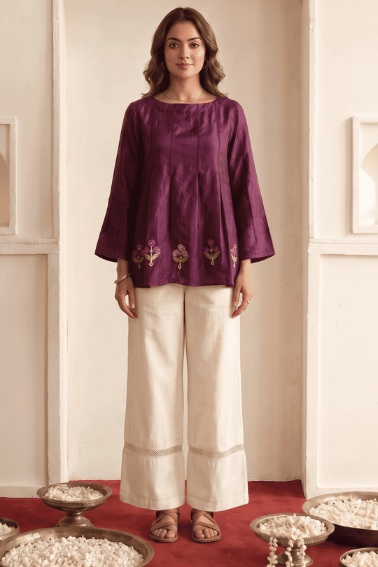 Wine Multicolor Embroidered Top and Lace-Trim Trouser Co-Ord Set - Western Era Co-ord set for women