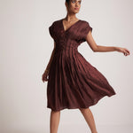 Wine Red Event Wear V - Neck Dress With Front Pin Tucks - Western Era Dresses for women