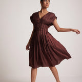 Wine Red Event Wear V - Neck Dress With Front Pin Tucks - Western Era Dresses for women