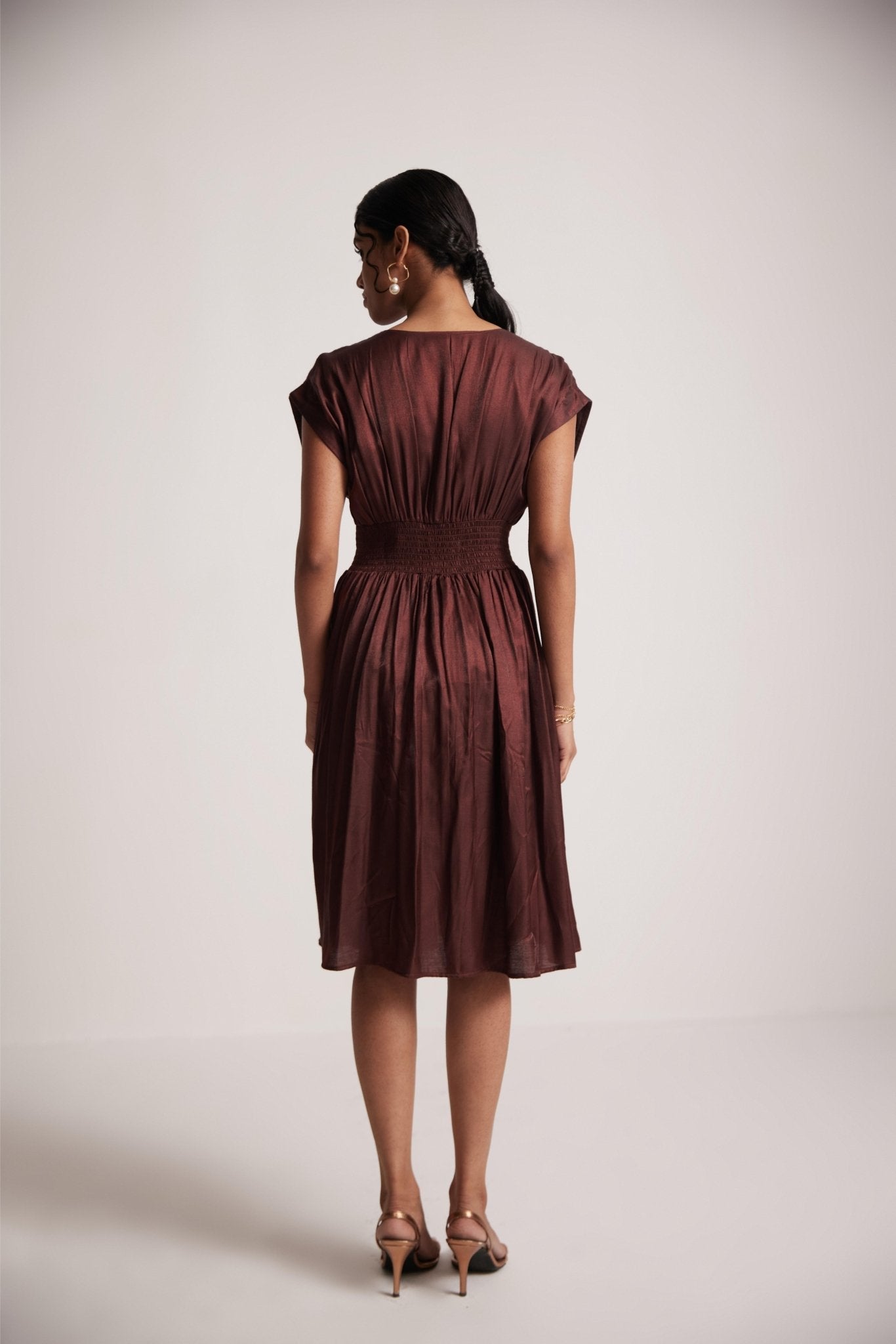 Wine Red Event Wear V - Neck Dress With Front Pin Tucks - Western Era Dresses for women