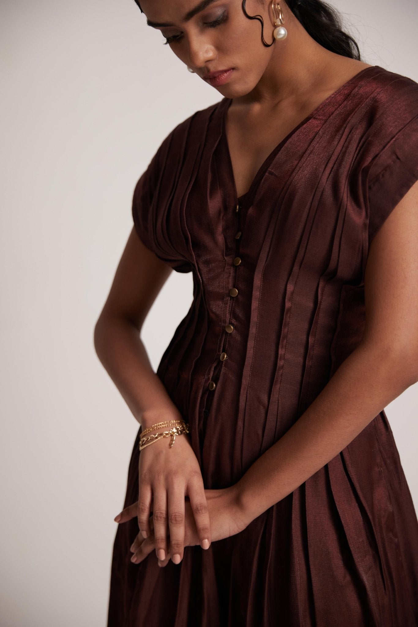 Wine Red Event Wear V - Neck Dress With Front Pin Tucks - Western Era Dresses for women