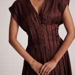 Wine Red Event Wear V - Neck Dress With Front Pin Tucks - Western Era Dresses for women