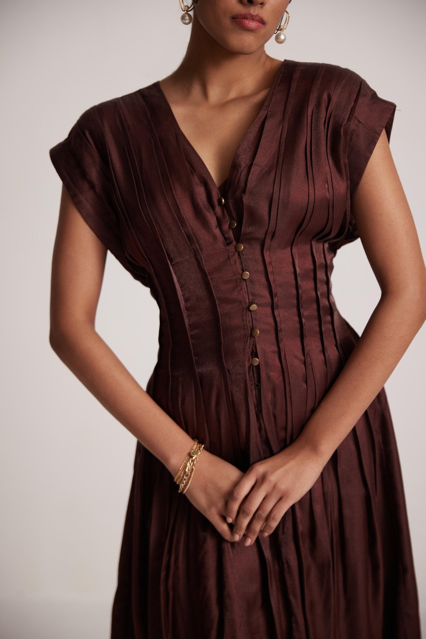 Wine Red Event Wear V - Neck Dress With Front Pin Tucks - Western Era Dresses for women