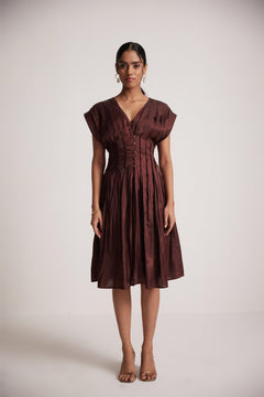Wine Red Event Wear V- Neck Dress With Front Pin Tucks