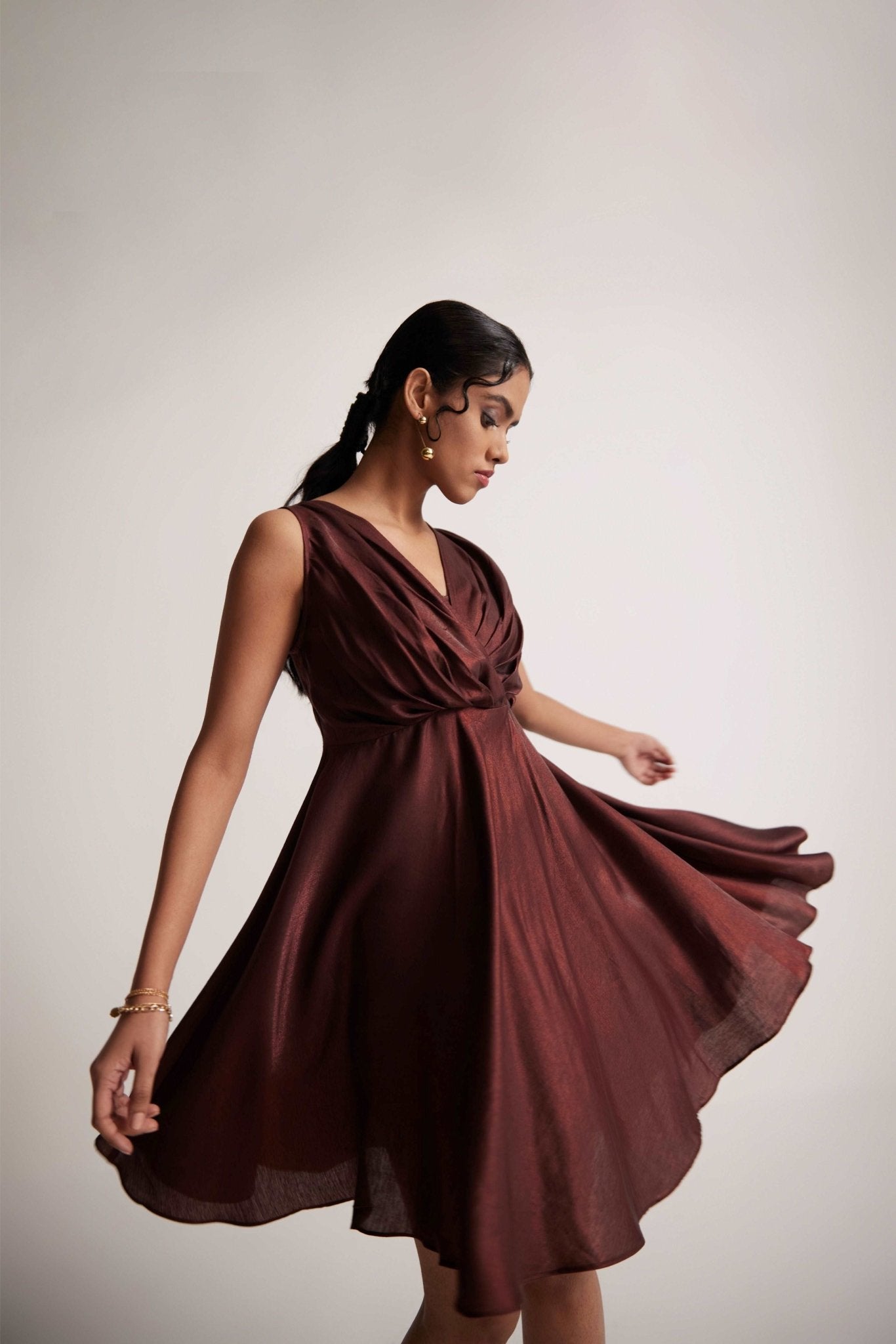 Wine Red Party Wear Dress With Front Pleats - Western Era Dresses for women