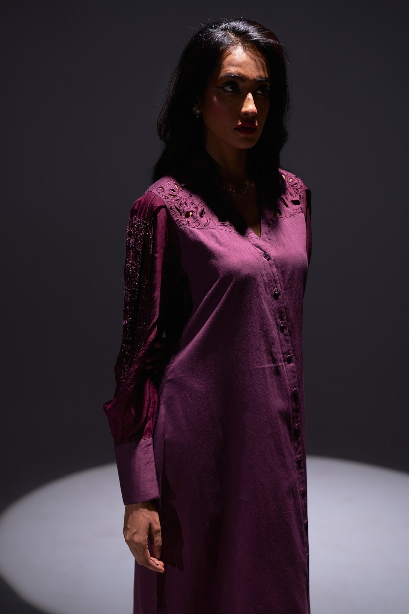 Wine Shirt Dress with Shimmering Embroidered Sleeves - Western Era Dresses for women