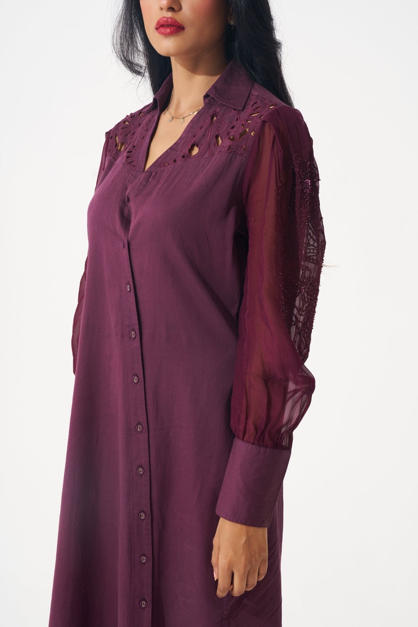 Wine Shirt Dress with Shimmering Embroidered Sleeves - Western Era Dresses for women