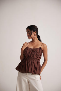 Wine Sleeveless Peplum Top With Gather On Waist