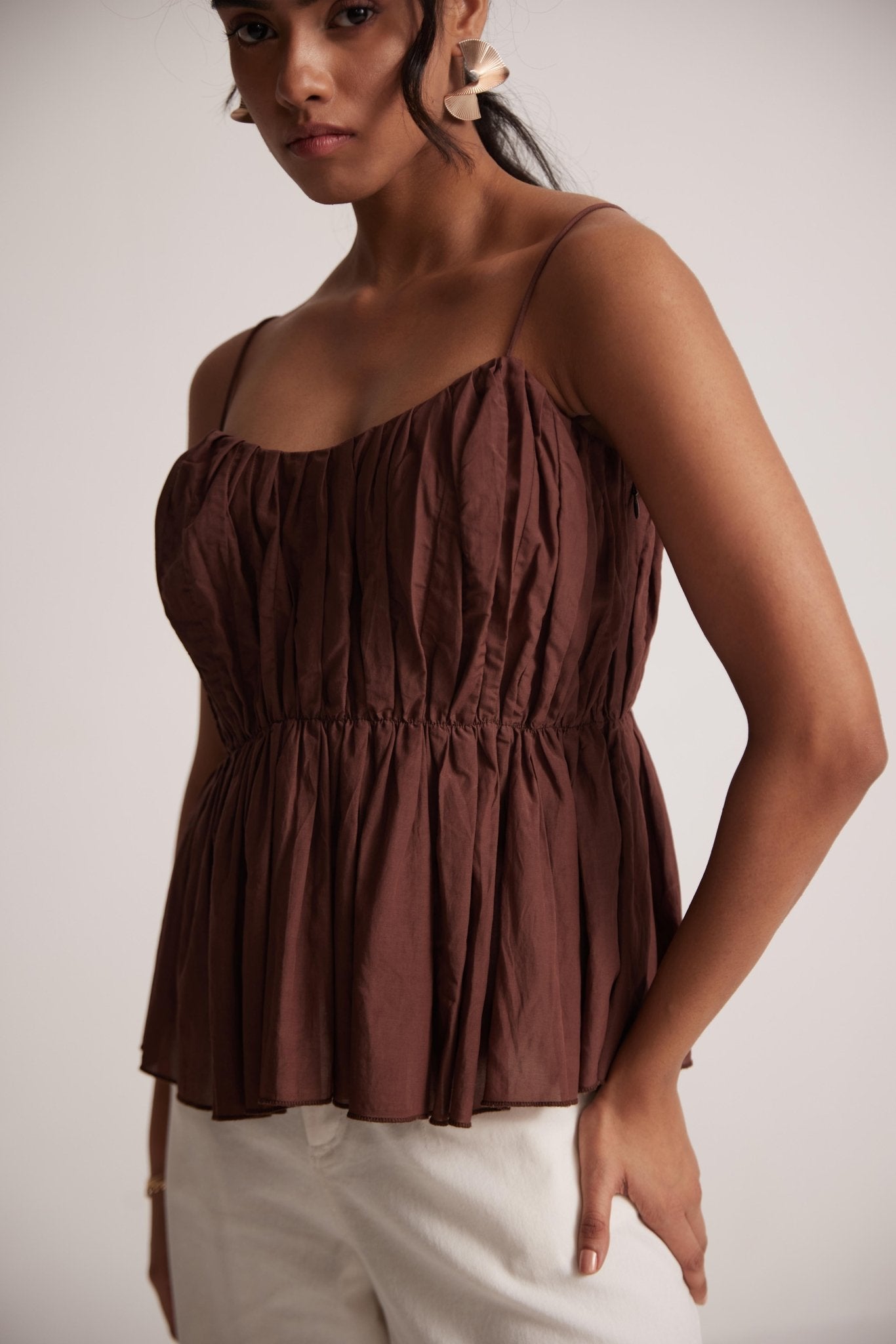 Wine Sleeveless Peplum Top With Gather On Waist - Western Era Tops for women