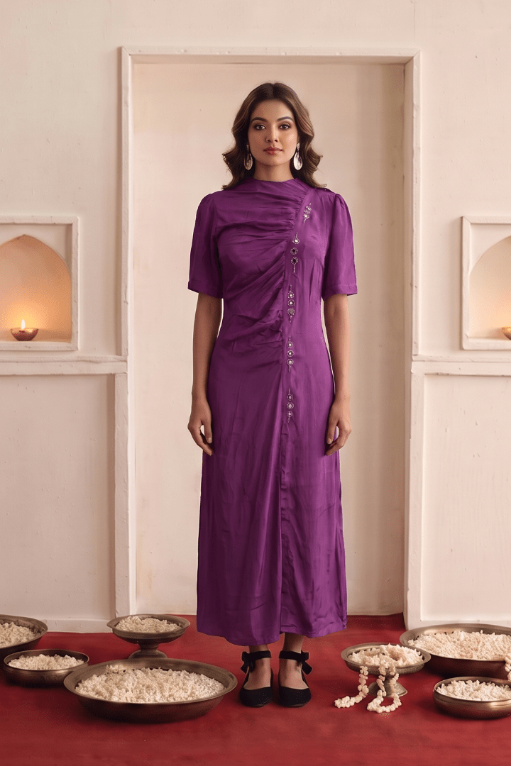 Purple Viscose Crepe Front-Button Midi Dress with Mirror Embellishment - Western Era Dresses for women