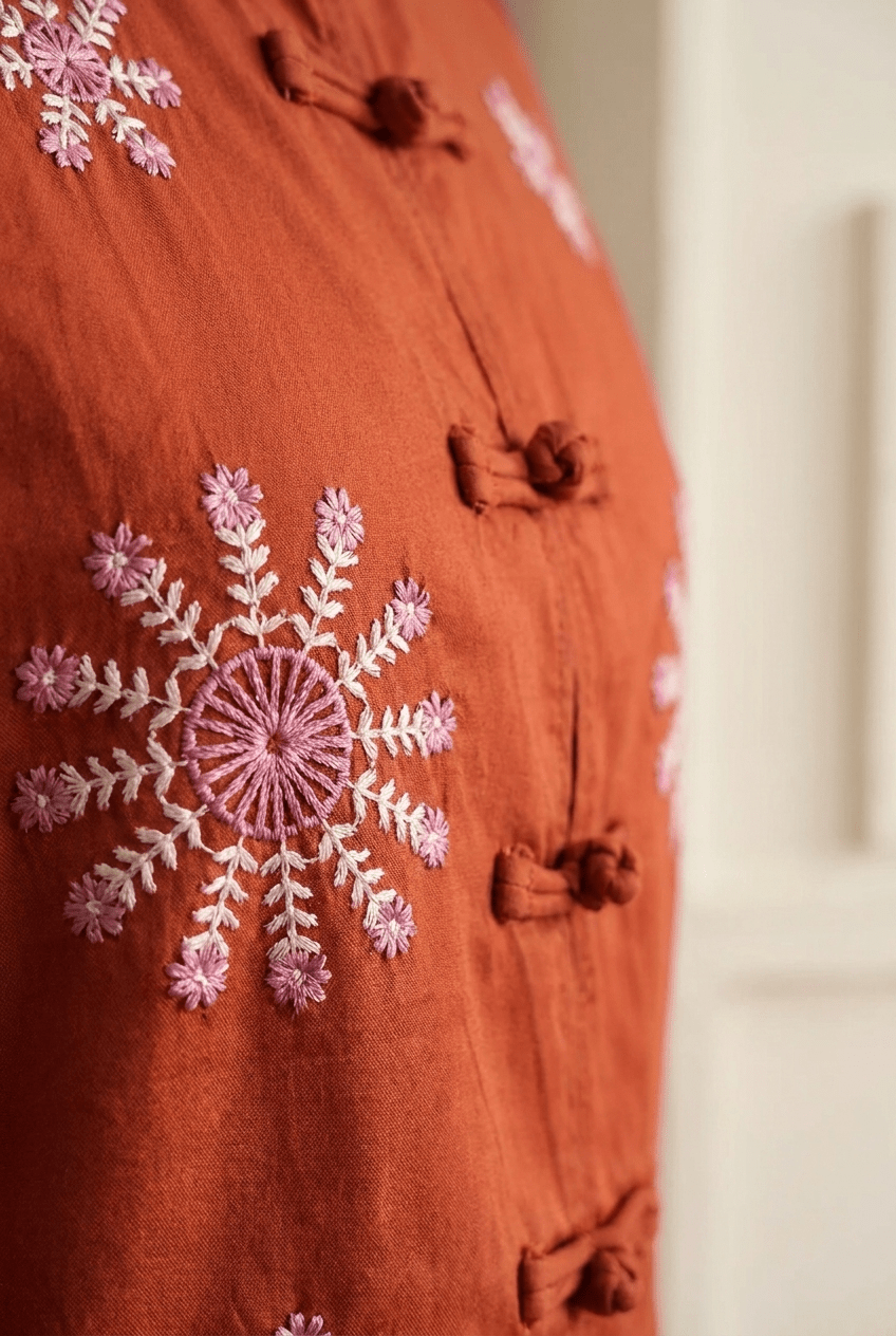 Rust Cotton Satin Floral Embroidered Top and Off-White Straight-Fit Trouser Co-ord Set - Western Era Co-ord set for women