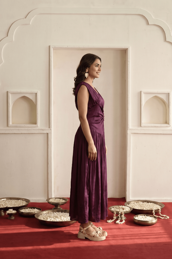 Women's Solid Wine Purple with Waist Embellishment Maxi Dress - Western Era Dresses for women