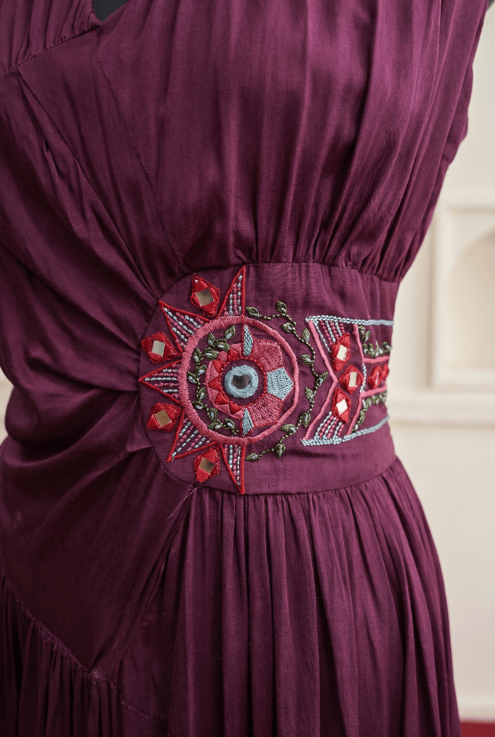 Wine Modal Satin Sleeveless Maxi Dress with Embellished Waist - Western Era Dresses for women