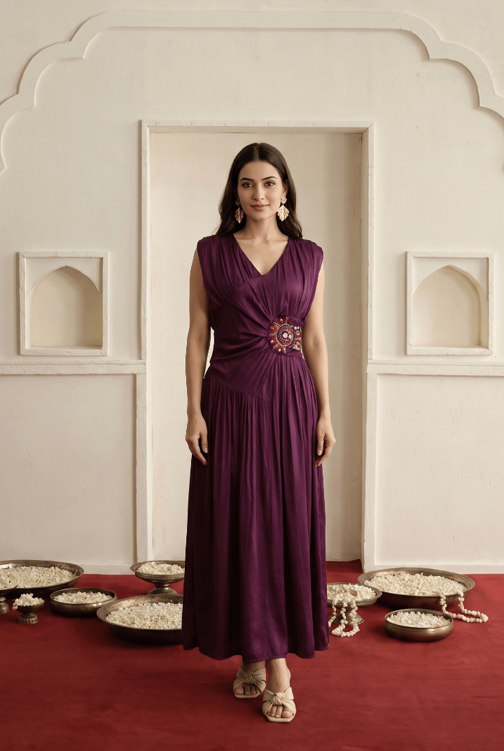 Women's Solid Wine Purple with Waist Embellishment Maxi Dress - Western Era Dresses for women