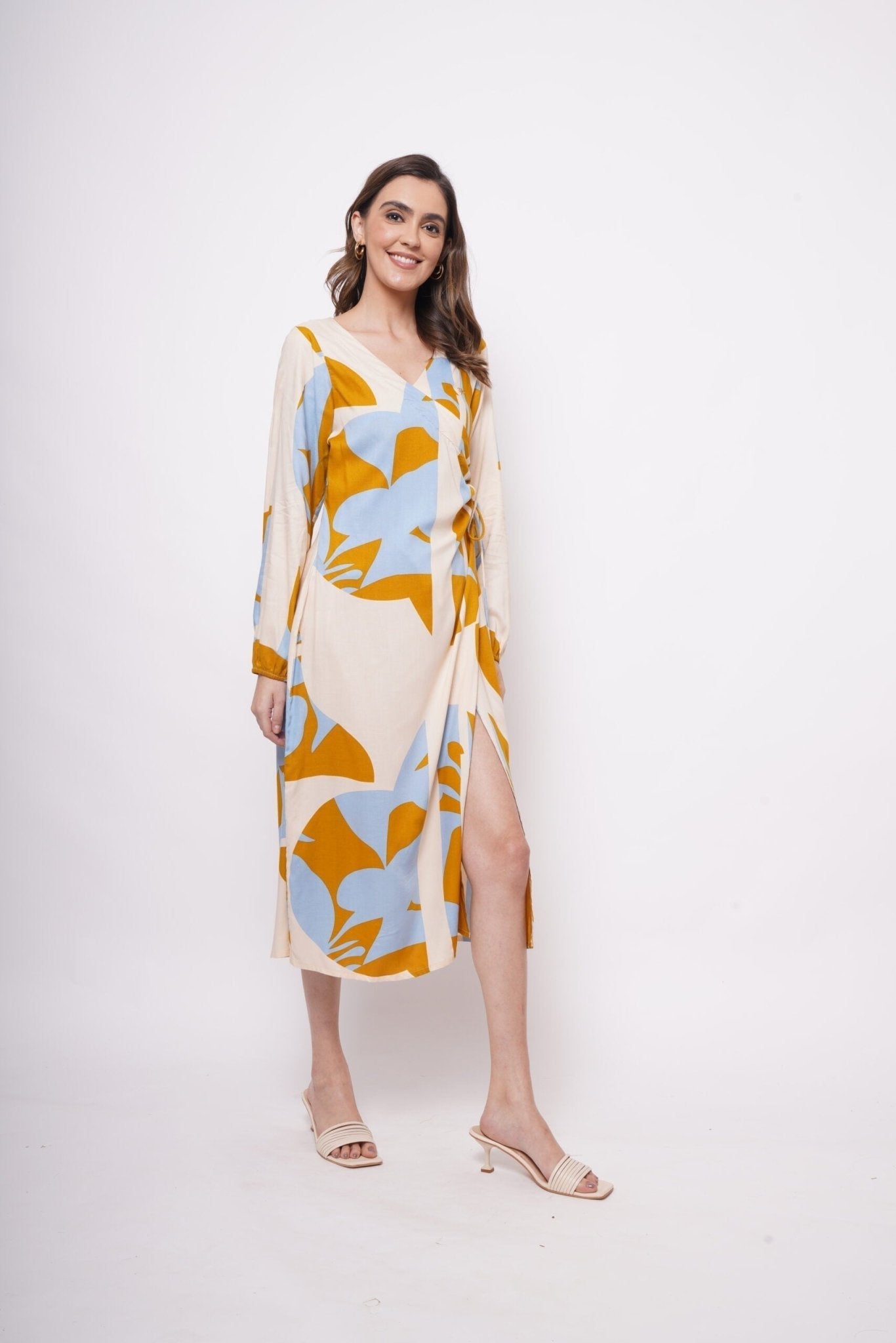 Yellow Bold Print Long dress With Side Keyhole - Western Era Dresses for women