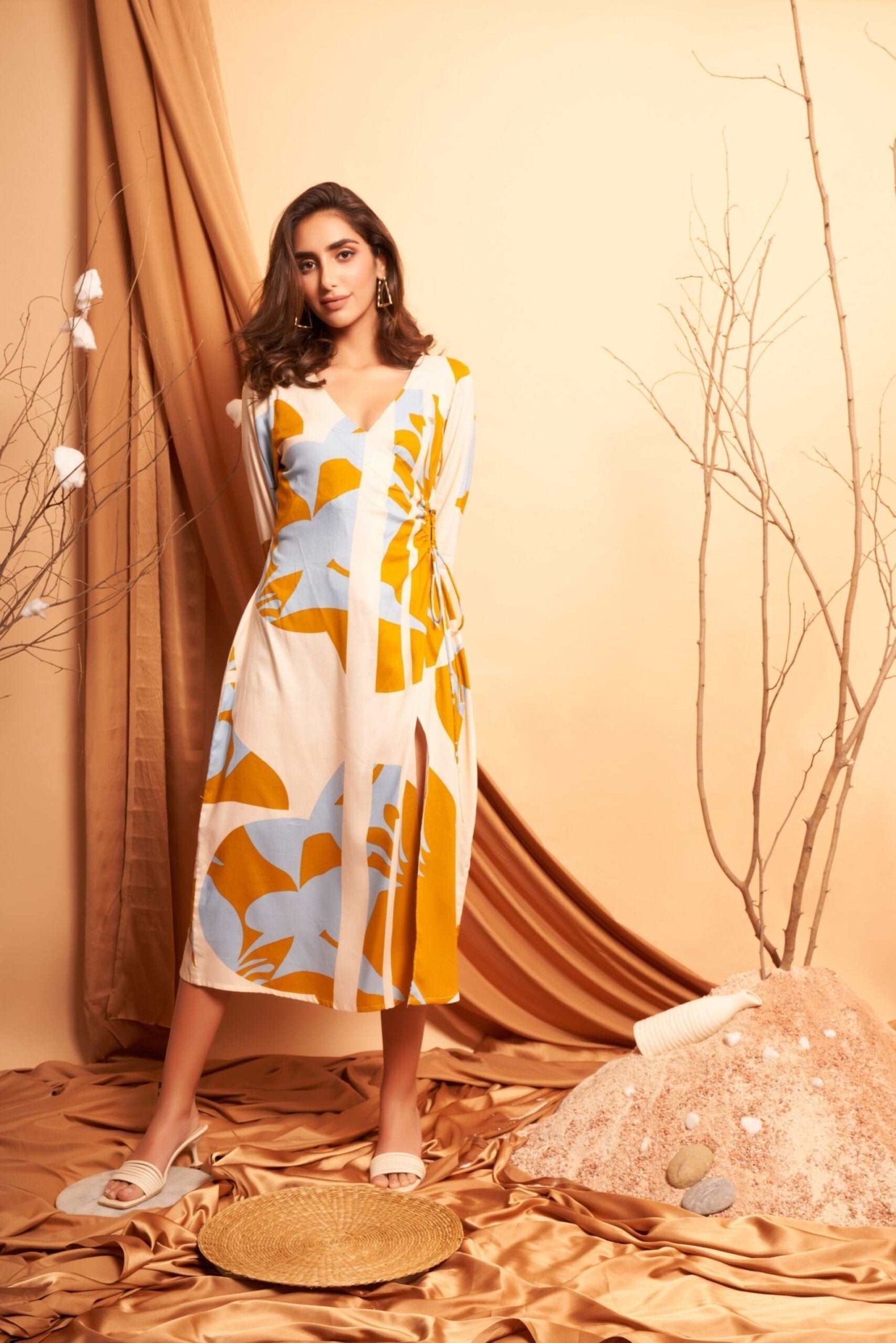 Yellow Bold Print Long dress With Side Keyhole - Western Era Dresses for women