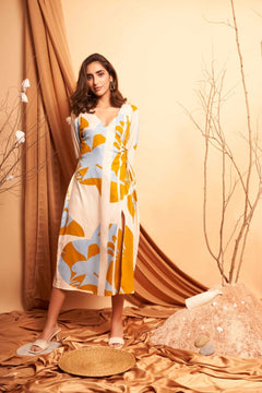Yellow Bold Print Long dress With Side Keyhole