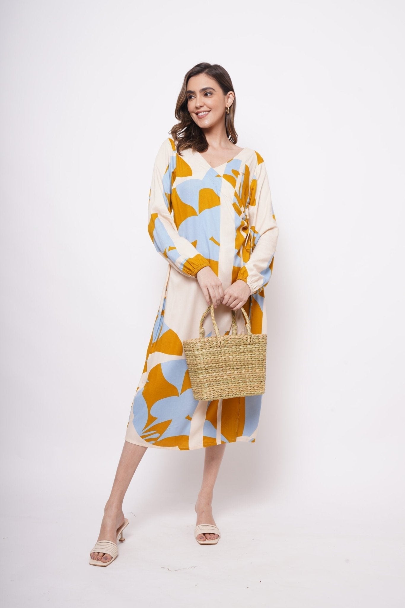 Yellow Bold Print Long dress With Side Keyhole - Western Era Dresses for women