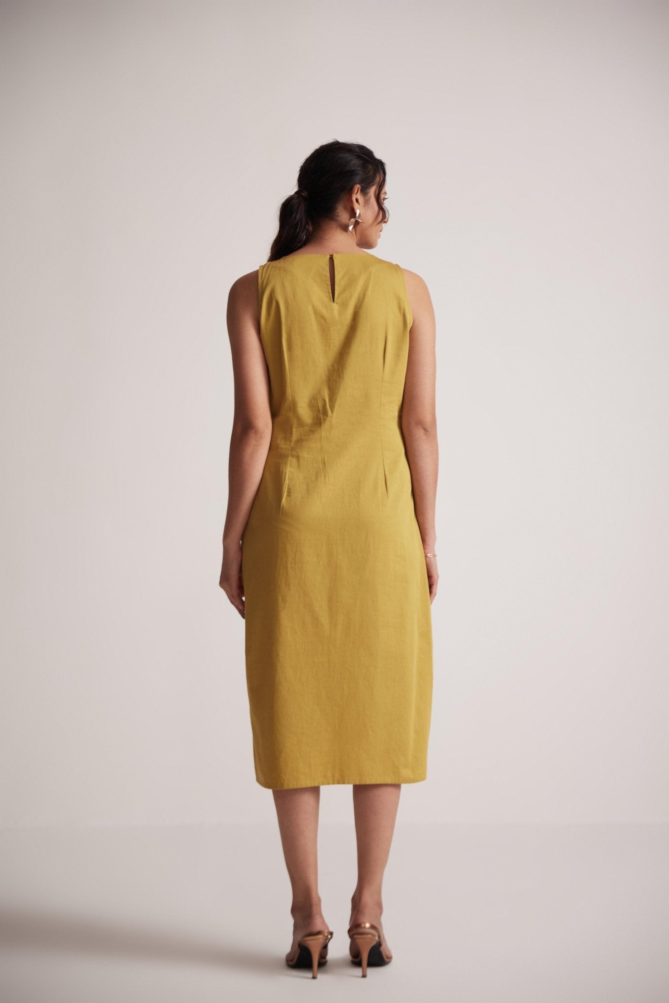 Yellow Mid Dress with Side Drape and Mother Pearls Embellished on The Front Yoke - Western Era Dresses for women