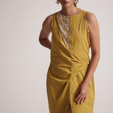 Yellow Mid Dress with Side Drape and Mother Pearls Embellished on The Front Yoke - Western Era Dresses for women