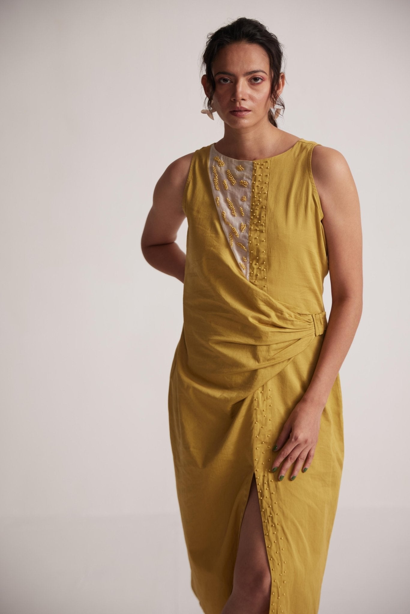 Yellow Mid Dress with Side Drape and Mother Pearls Embellished on The Front Yoke - Western Era Dresses for women