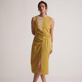 Yellow Mid Dress with Side Drape and Mother Pearls Embellished on The Front Yoke - Western Era Dresses for women