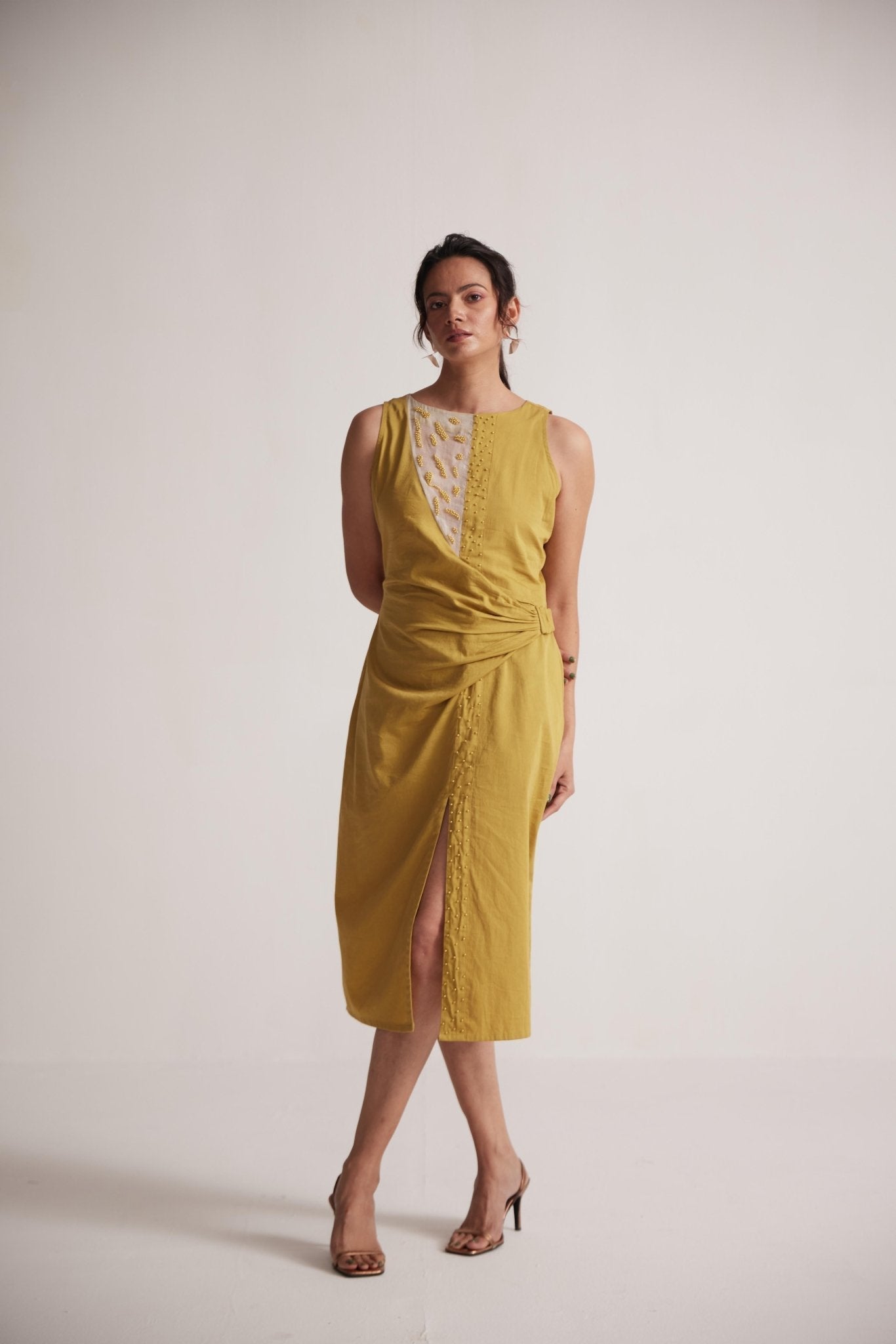 Yellow Mid Dress with Side Drape and Mother Pearls Embellished on The Front Yoke - Western Era Dresses for women