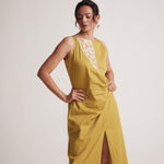 Yellow Mid Dress with Side Drape and Mother Pearls Embellished on The Front Yoke - Western Era Dresses for women
