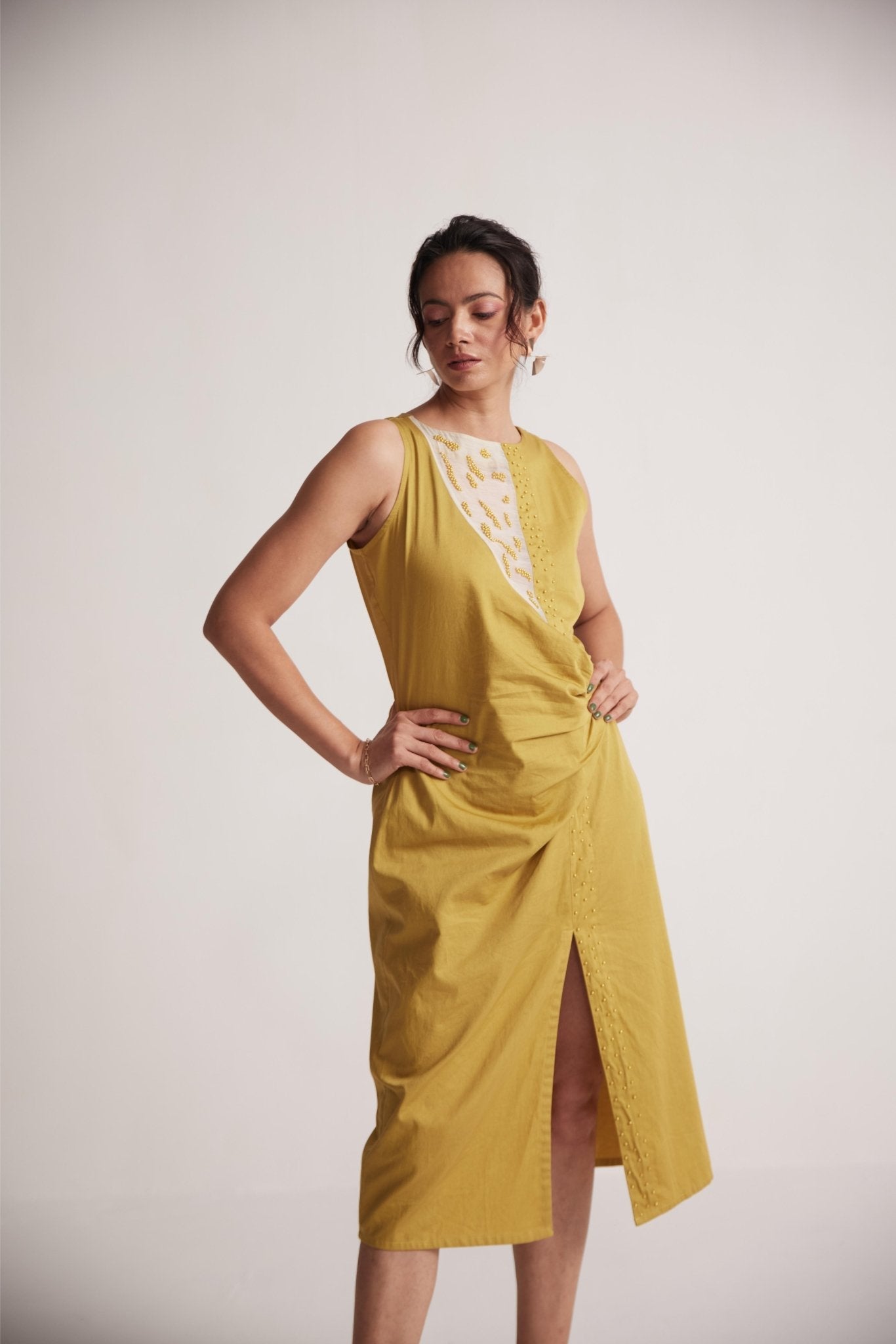 Yellow Mid Dress with Side Drape and Mother Pearls Embellished on The Front Yoke - Western Era Dresses for women