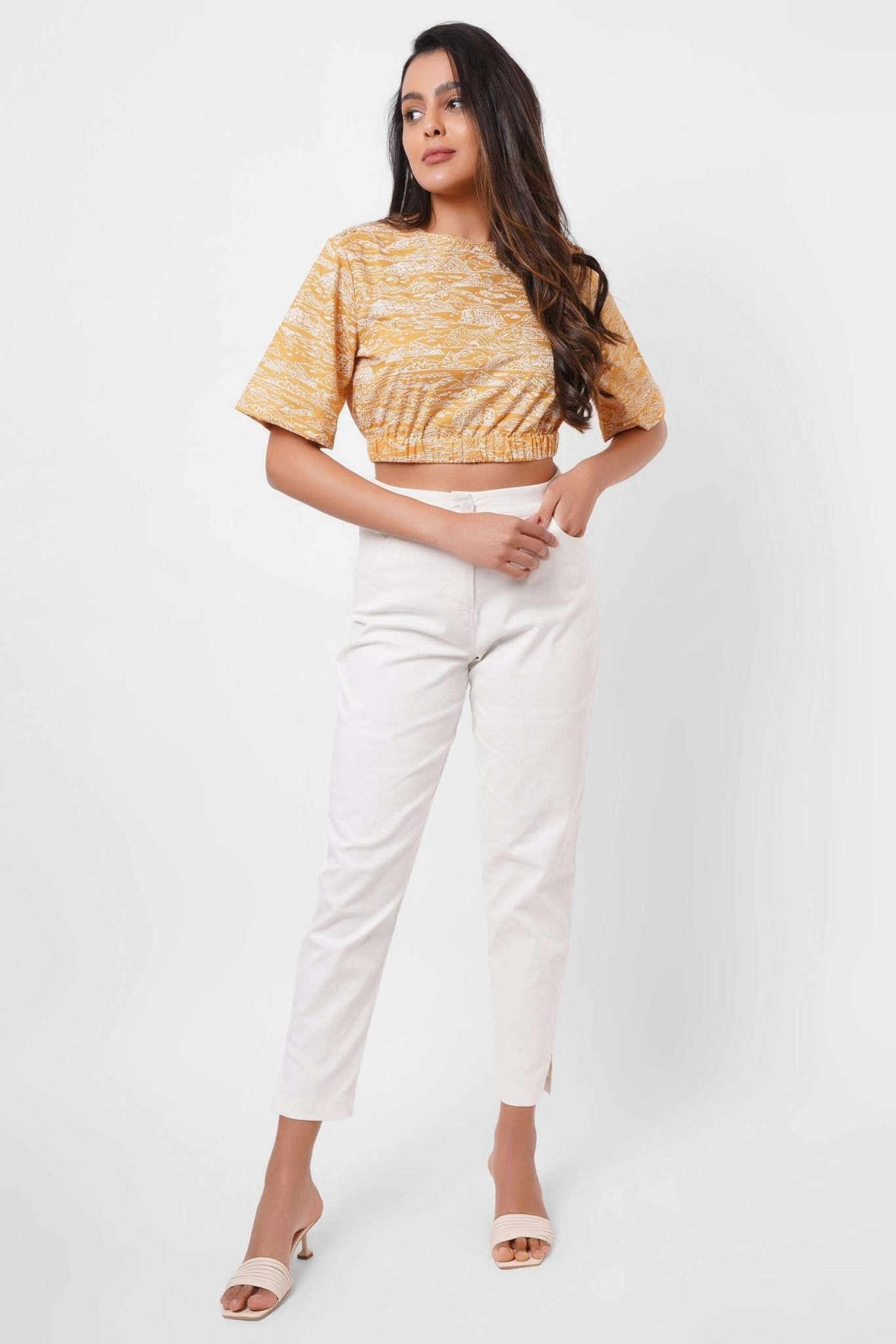 Yellow Toile Print Crop Top - Western Era Tops for women