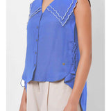 Scalloped Edge Collars Blue Linen Top with Drawstrings