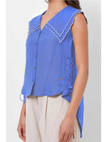 Scalloped Edge Collars Blue Linen Top with Drawstrings