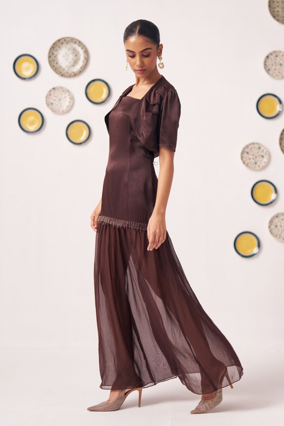 Zaya Chocolate Brown Layered Maxi Dress with Shrug - Western Era Dresses for women