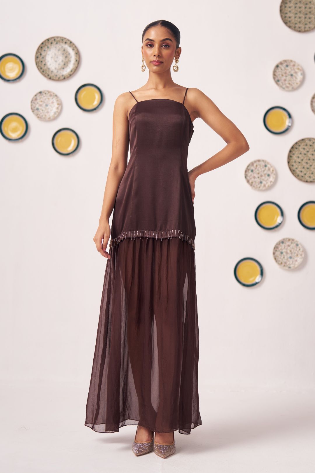 Zaya Chocolate Brown Layered Maxi Dress with Shrug - Western Era Dresses for women