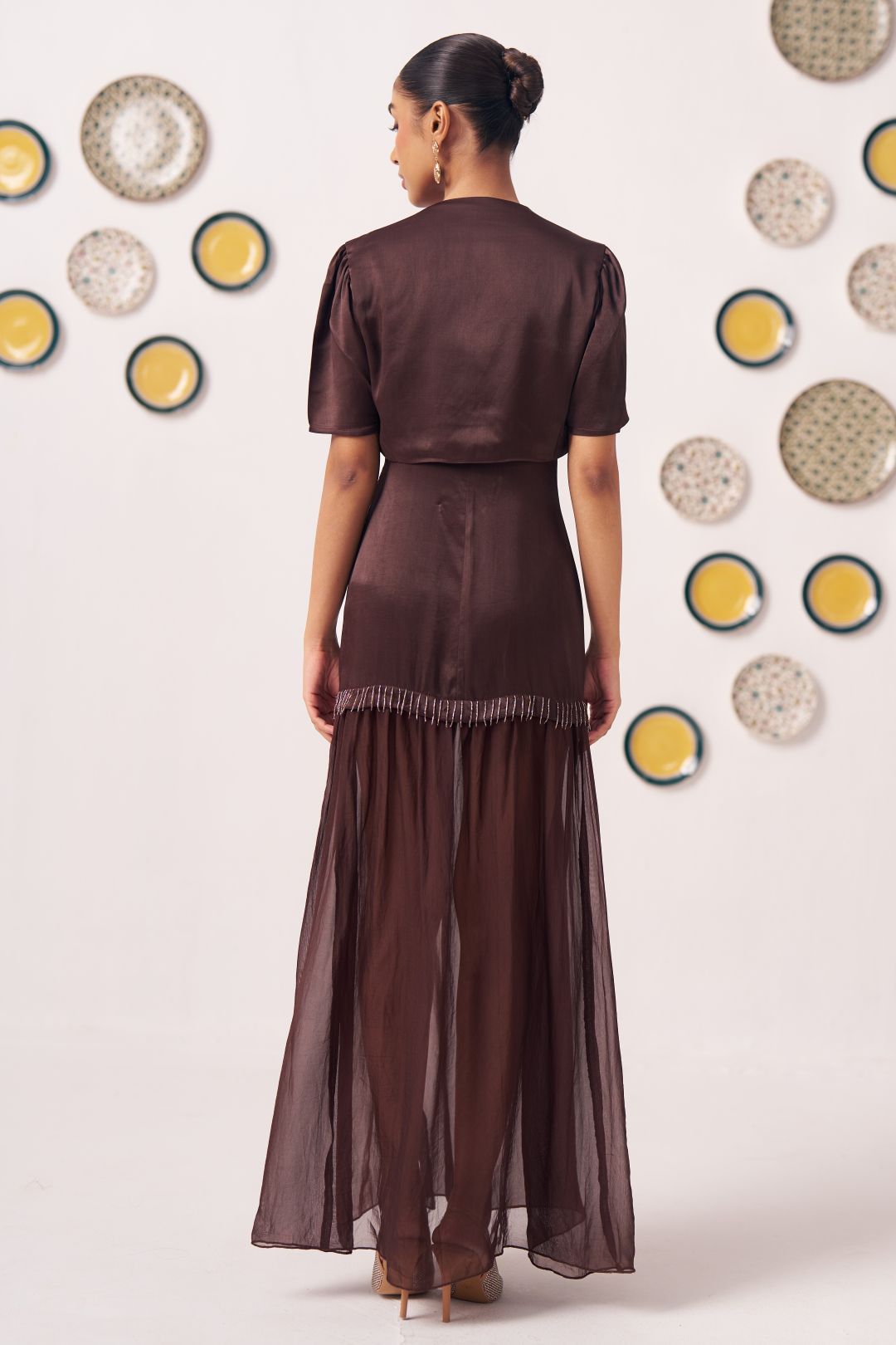 Zaya Chocolate Brown Layered Maxi Dress with Shrug - Western Era Dresses for women